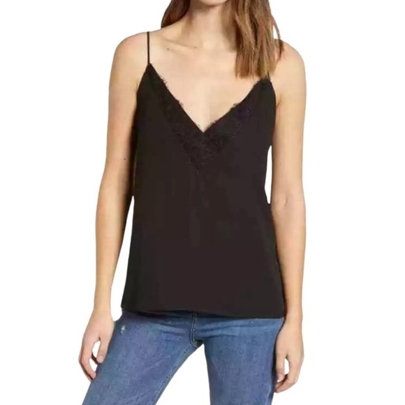 Socialite Tops - Socialite Black Eyelash Lace Adjustable Spaghetti Strap Camisole, Size Large